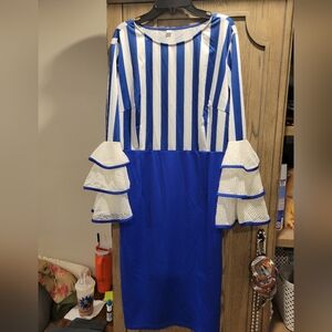 Blue and White Striped Dress with Ruffle Sleeves